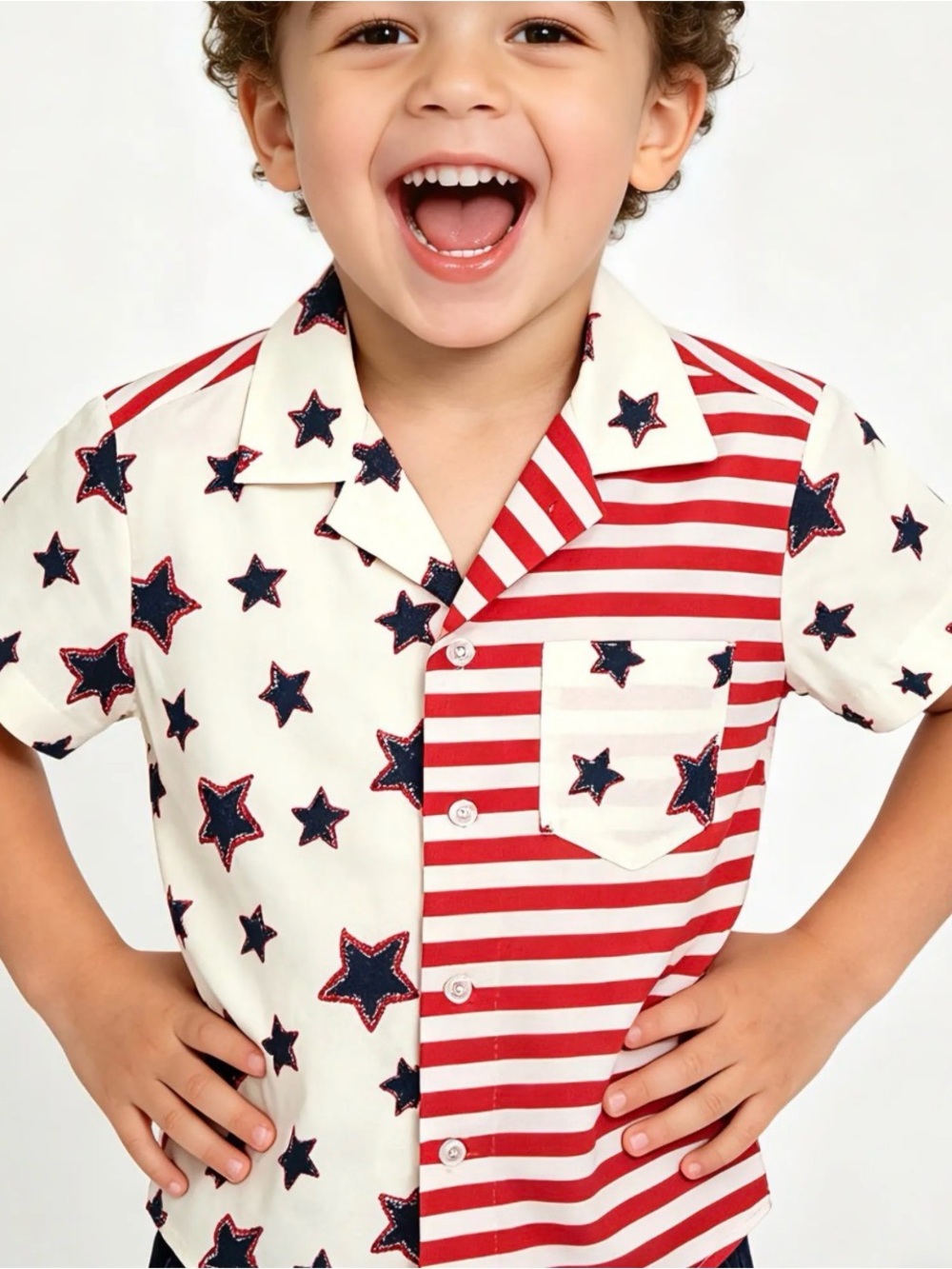Amazon Kids Short Sleeve Button Shirt in White, Red & Blue